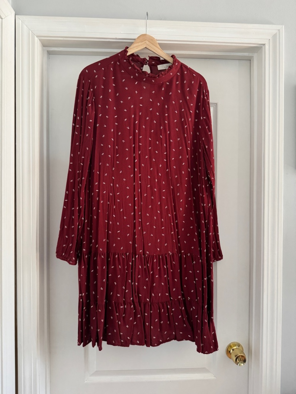 LOFT Burgundy Long Sleeve Printed Tiered Dress